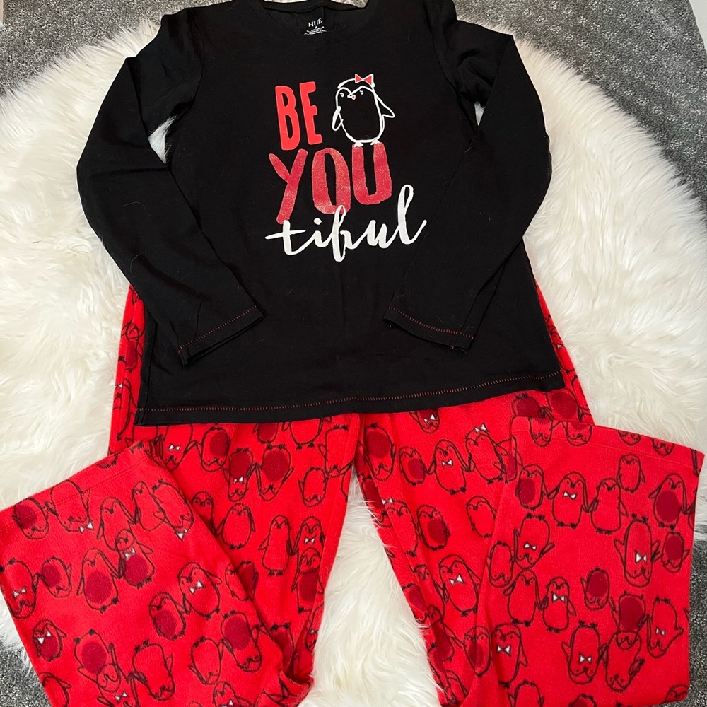Hue penguin pajamas, long sleeve top and flannel bottom. Size small